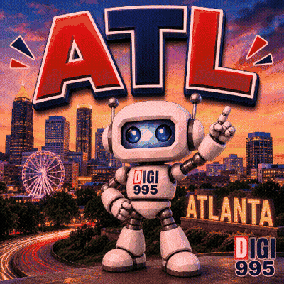 An Advertisement For Atl With A Robot In Front Of A City Skyline GIF