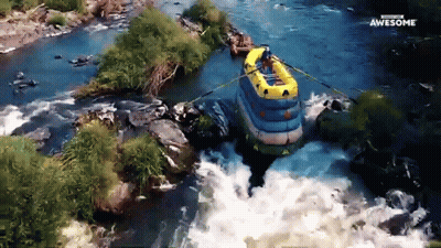 An Advertisement For Awesome Shows A Man In A Raft On A River GIF