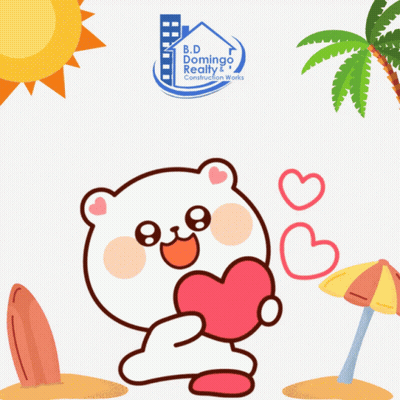 An Advertisement For B.d. Domingo Realty And Construction Works Shows A Bear Holding A Heart GIF