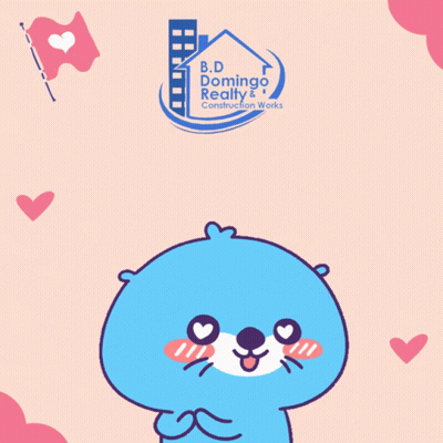 An Advertisement For Bd Domingo Realty Construction Works With A Cartoon Character GIF