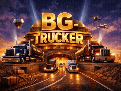 An Advertisement For Bg-Trucker Shows Trucks Driving Under A Bridge GIF