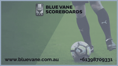 An Advertisement For Blue Vane Scoreboards Shows A Soccer Player Kicking The Ball GIF
