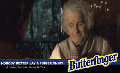 An Advertisement For Butterfinger Shows An Elderly Man GIF
