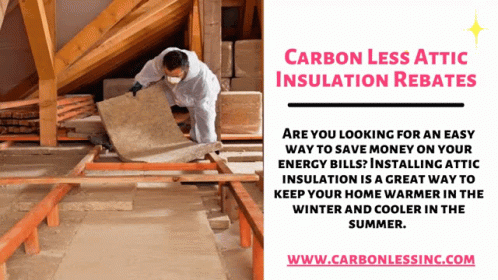 An Advertisement For Carbon Less Attic Insulation Shows A Man Installing Insulation GIF