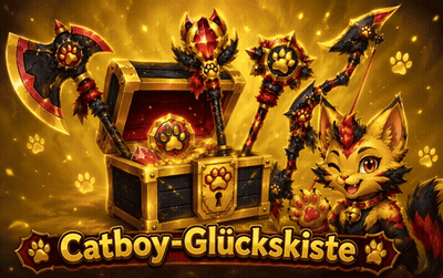 An Advertisement For Catboy-Glückskiste Shows A Cat Holding A Sword GIF