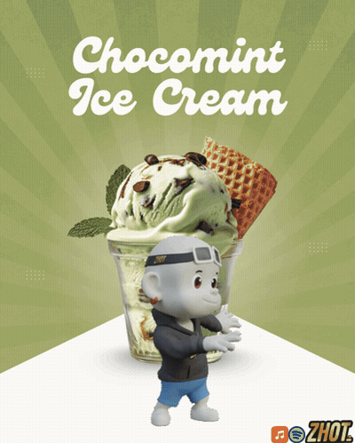 An Advertisement For Chocomint Ice Cream With A Monkey Standing Next To It GIF