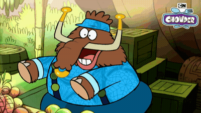 An Advertisement For Chowder Shows A Cartoon Of A Mammoth GIF