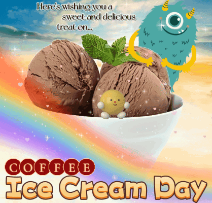 An Advertisement For Coffee Ice Cream Day With A Monster And Ice Cream GIF
