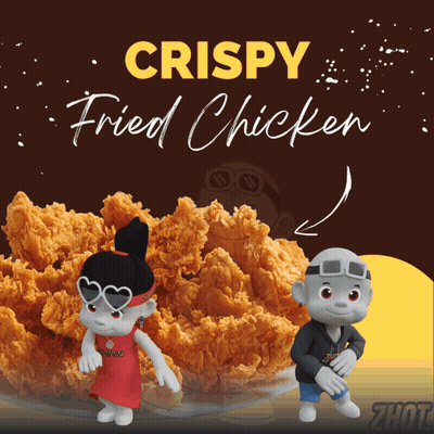An Advertisement For Crispy Fried Chicken With Two Cartoon Characters In Front Of It GIF
