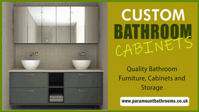 An Advertisement For Custom Bathroom Cabinets With A Picture Of A Bathroom GIF