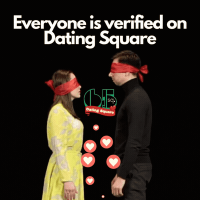 An Advertisement For Dating Square Shows A Man And Woman With Blindfolds On GIF