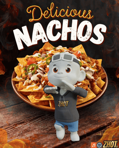 An Advertisement For Delicious Nachos With A Cartoon Character GIF