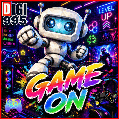 An Advertisement For Digi 995 Game On With A Robot GIF