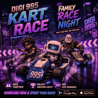 An Advertisement For Digi 995 Kart Race Night Shows A Robot Driving A Go Kart GIF