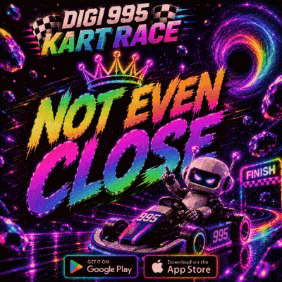 An Advertisement For Digi 995 Kart Race Shows A Robot In A Kart GIF