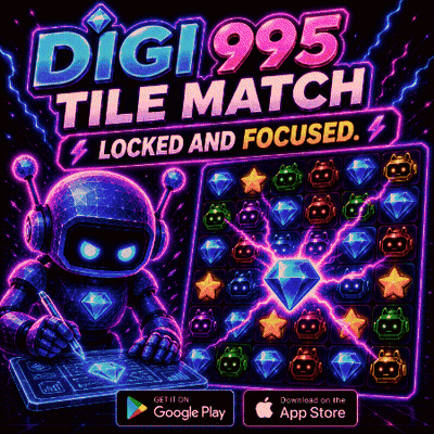An Advertisement For Digi 995 Tile Match Shows A Robot Drawing On A Tablet GIF