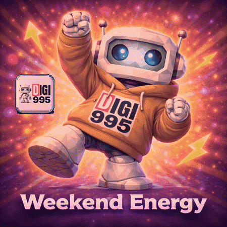 An Advertisement For Digi 995 Weekend Energy With A Robot Wearing A Hoodie GIF