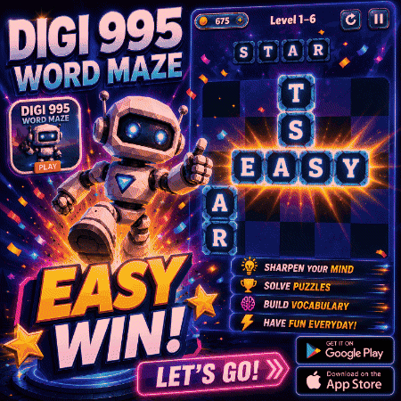 An Advertisement For Digi 995 Word Maze With A Robot On It GIF