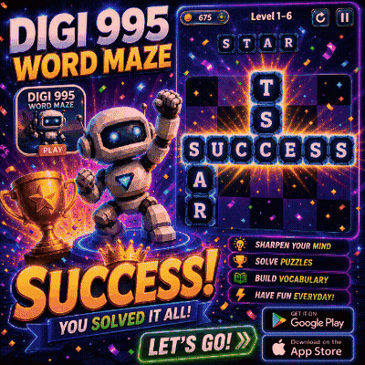 An Advertisement For Digi 995 Word Maze With A Robot On It GIF