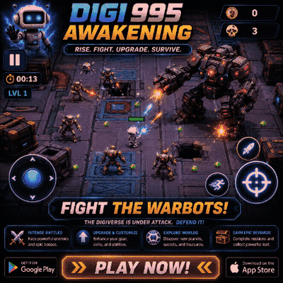 an advertisement for digi995 awakening shows a robot fighting a robot