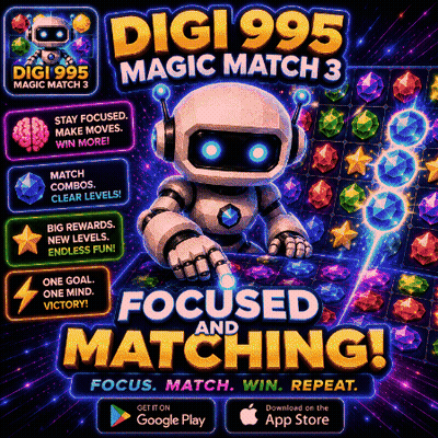 An Advertisement For Digi995 Magic Match 3 Shows A Robot GIF