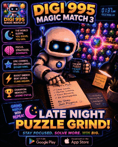 An Advertisement For Digi995 Magic Match 3 Shows A Robot GIF