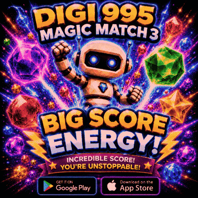 An Advertisement For Digi995 Magic Match 3 Shows A Robot Surrounded By Gems GIF