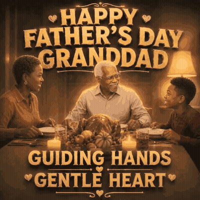 An Advertisement For Father 'S Day Granddad With A Picture Of A Family Sitting At A Table GIF