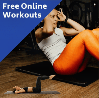 An Advertisement For Free Online Workouts Shows A Woman Doing Sit Ups On A Mat GIF
