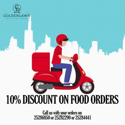 An Advertisement For Goldenlawn Shows A Delivery Man Riding A Scooter GIF