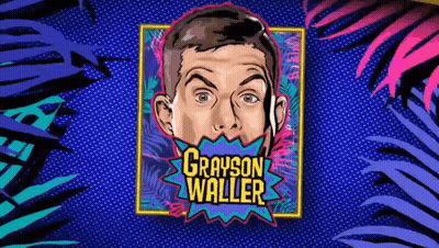 An Advertisement For Grayson Waller Shows A Man With A Speech Bubble Around His Mouth GIF