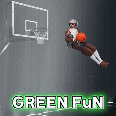 An Advertisement For Green Fun Shows A Man Holding A Basketball In The Air GIF