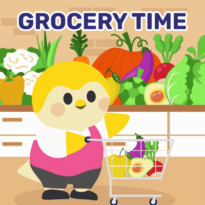 An Advertisement For Grocery Time With A Bird Pushing A Cart GIF
