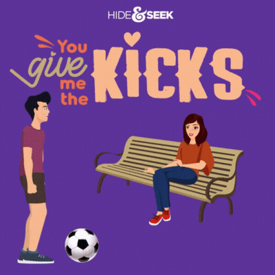An Advertisement For Hide & Seek Shows A Man Kicking A Soccer Ball At A Woman Sitting On A Park Bench GIF