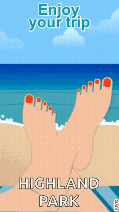 An Advertisement For Highland Park Shows A Woman Laying On The Beach With Her Feet Up GIF