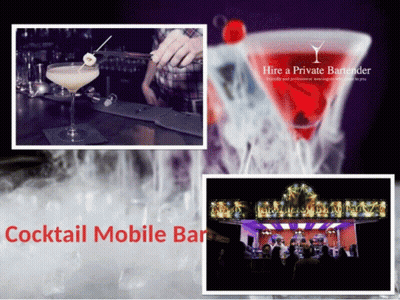 An Advertisement For Hire A Private Bartender Shows A Bartender Preparing A Cocktail GIF