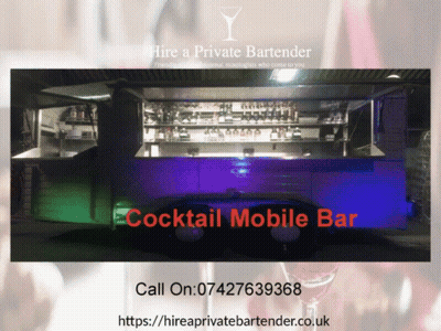 An Advertisement For Hire A Private Bartender Shows A Mobile Bar GIF