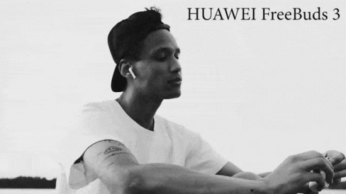 An Advertisement For Huawei Freebuds 3 With A Man In A Baseball Cap GIF