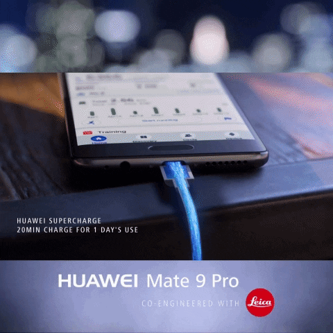 An Advertisement For Huawei Mate 9 Pro Shows A Phone Being Charged GIF