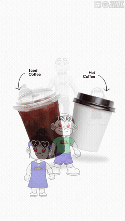 An Advertisement For Iced Or Hot Coffee Shows A Cup Of Iced Coffee And Two Cups Of Hot Coffee GIF