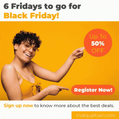 An Advertisement For Indiquehair.com Shows A Woman Pointing To A Sign That Says Up To 50 % Off GIF