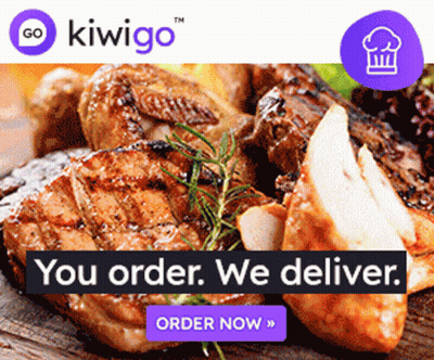 An Advertisement For Kiwigo With A Picture Of Meat And The Words " You Order We Deliver " GIF