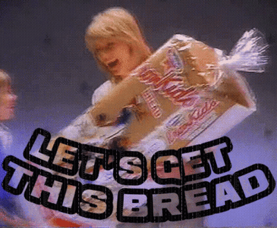 An Advertisement For Let 'S Get This Bread Features A Woman Holding A Box GIF