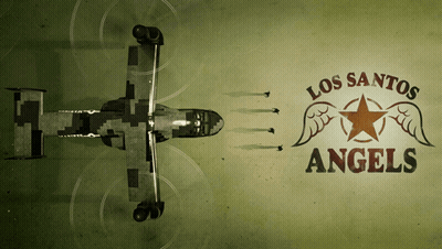 An Advertisement For Los Santos Angels Shows A Plane Flying Overhead GIF