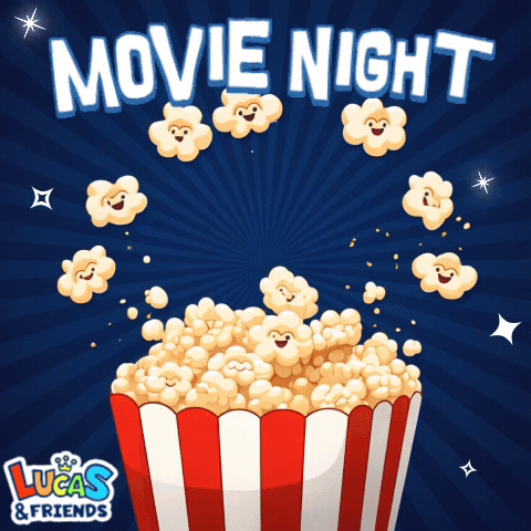 An Advertisement For Lucas And Friends Shows A Bucket Of Popcorn GIF