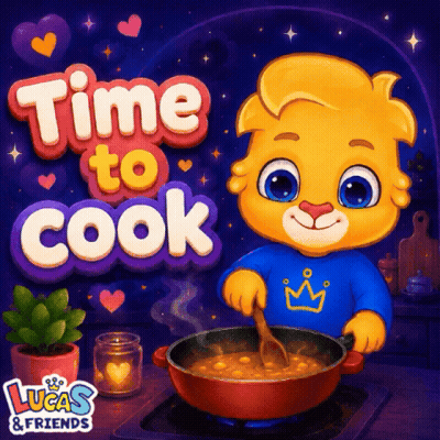An Advertisement For Lucas And Friends Shows A Cartoon Character Preparing Food GIF