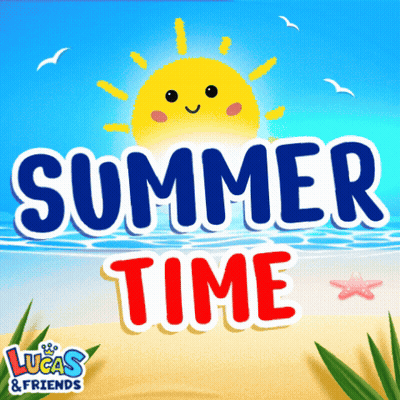 An Advertisement For Lucas And Friends Shows A Sun And The Words Summer Time GIF