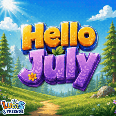 an advertisement for lucas & friends says hello july in purple letters