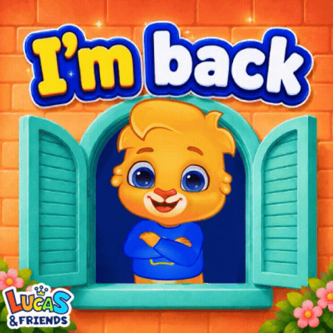 An Advertisement For Lucas & Friends Shows A Bear Looking Out Of A Window GIF