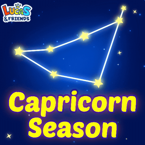 An Advertisement For Lucas & Friends Shows A Constellation And The Words Capricorn Season GIF
